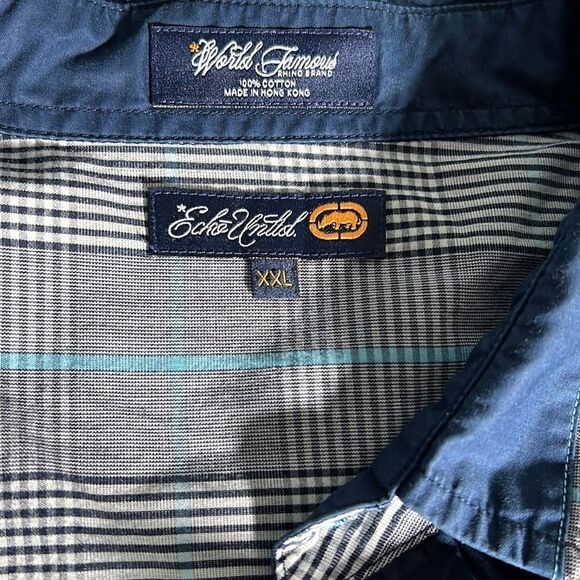 Ecko Unltd Mens Button Down Shirt Plaid Patch Logo Cotton Rhino Brand Blue XXL - Picture 6 of 16